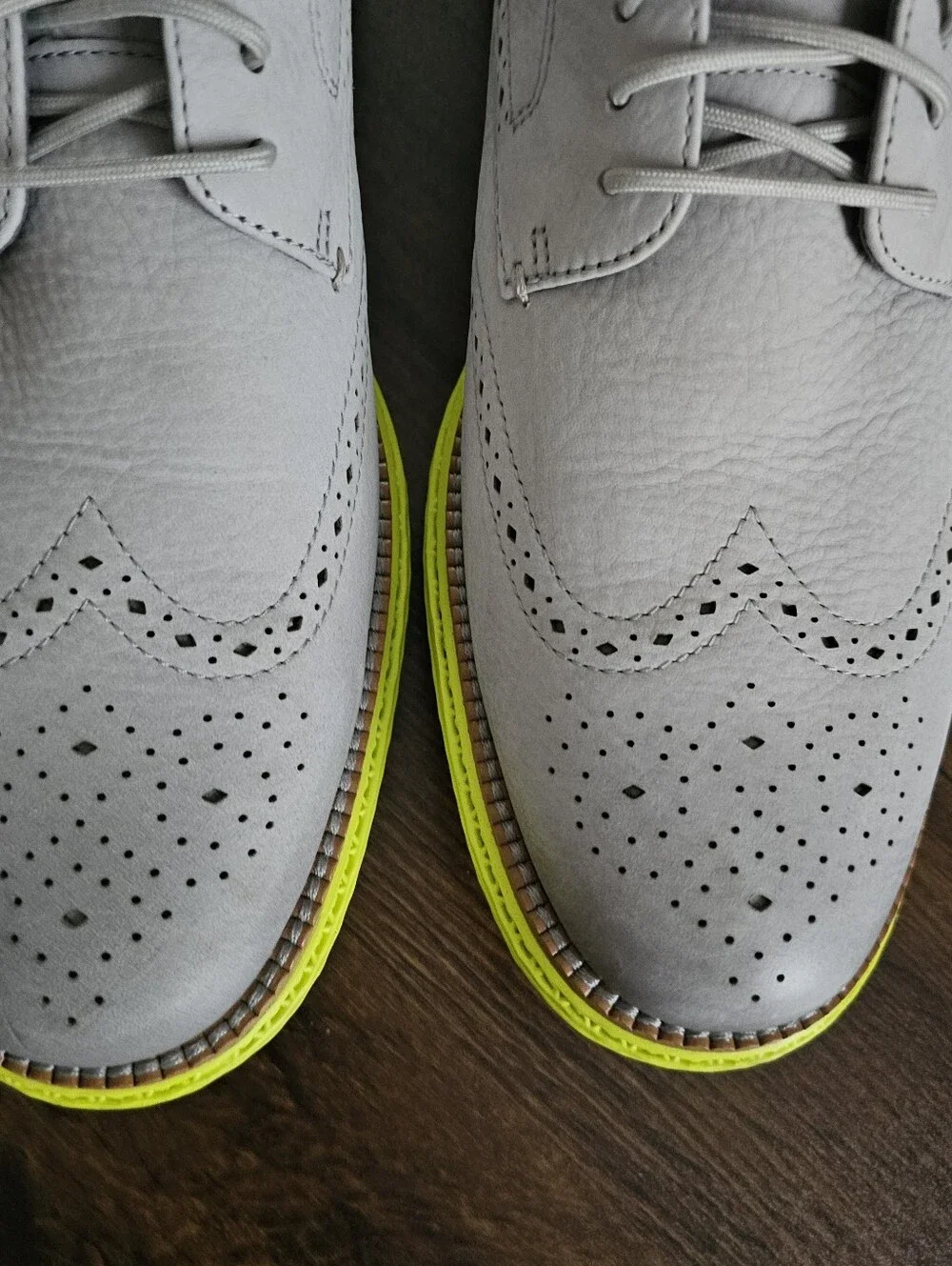 Men's Cole Haan Gray Wingtip Dress Shoes with Neon Yellow Sole Skyweave. Mens 11